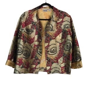 Vintage Chico's Design Silk Blend Gold Red Floral Jacket Size 1 US M Art to Wear